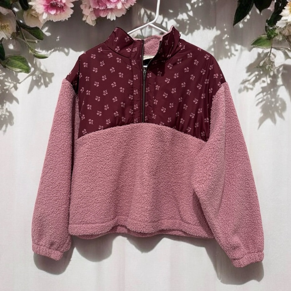 Universal Thread pink floral teddy half zip jacket women’s XS NWT